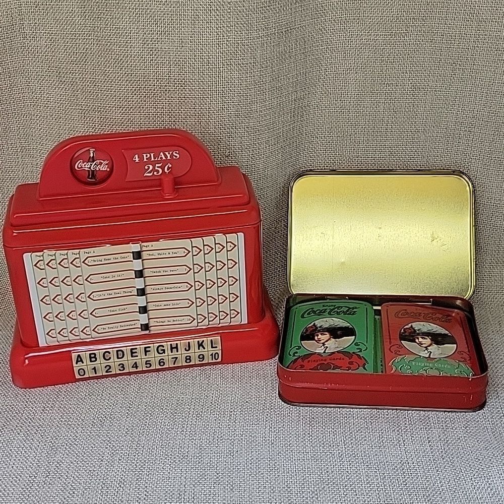 Vintage Coca Cola Playing Cards (2 Decks) In Collectors Tin And a Plastic Bank